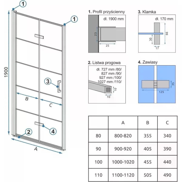 Душевая дверь Rea Molier 90x190 Black стекло прозрачное, профиль черный (REA-K8538+K6395)