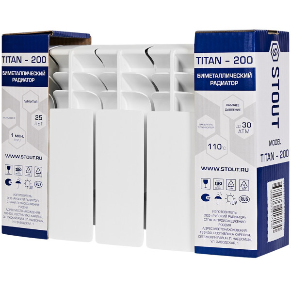 Радиатор биметаллический Stout Titan 200 (4 секции) боковое подключение (белый RAL 9016) (SRB-3310-020004)