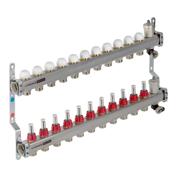 Коллекторная группа Tiemme 11 отводов 1"-3/4" НР ЕК M30х1,5 мм. с расходомерами (нерж.ст) (3920137)