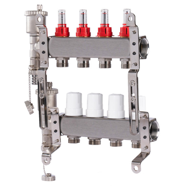 Коллекторная группа 4 отвода 1"*3/4"(18) ЕК с расходомерами Okseler (нерж.ст) с автоматическим воздухоотводчиком и спускным краном (Oks00342)