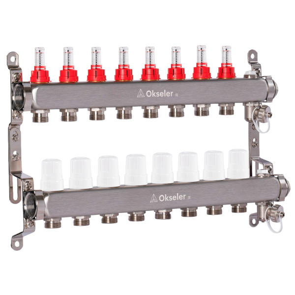Коллекторная группа 8 отводов 1"*3/4"(18) ЕК с расходомерами Okseler (нерж.ст) с дренажным краном и краном Маевского (Oks00318)