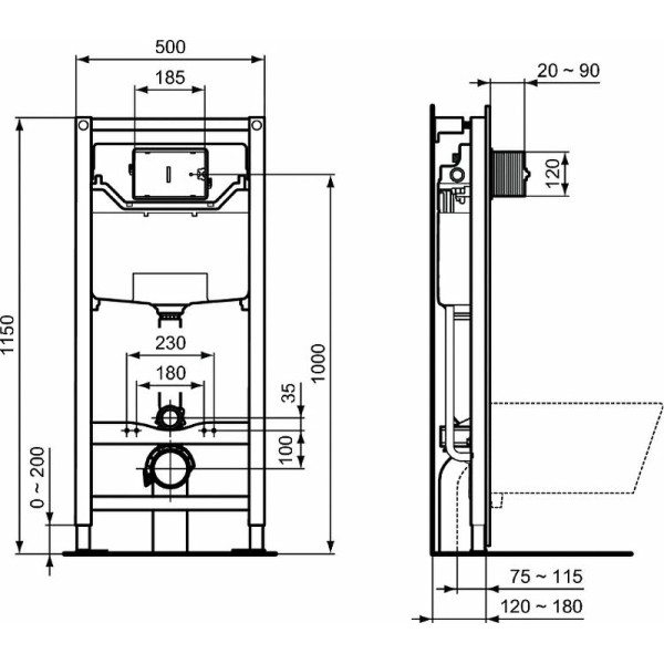 Инсталляция Ideal Standard Prosys для унитаза без клавиши смыва (R020467)