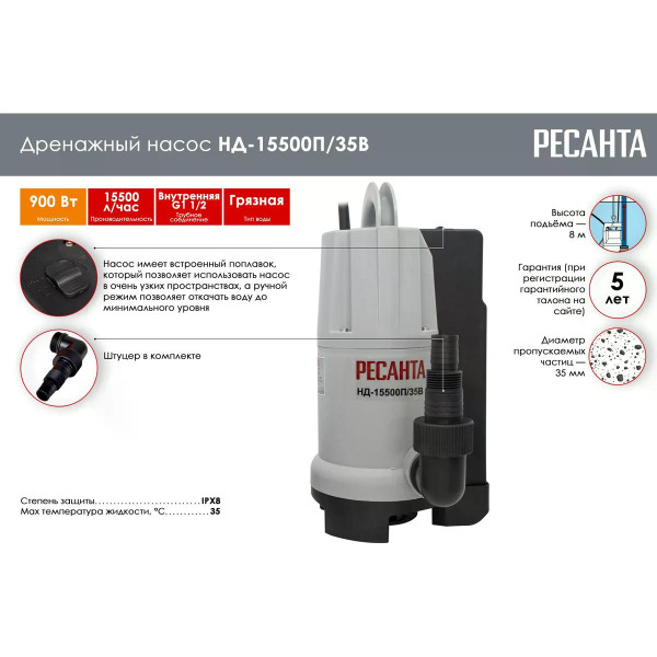 Насос дренажный Ресанта НД-15500П/35B (77/2/4) Насос дренажный Ресанта НД-15500П/35B (77/2/4)
