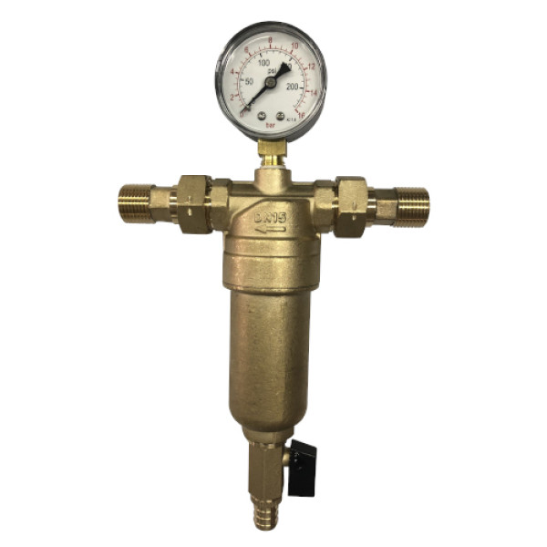 Фильтр с манометром промывной 1/2" со сгонами 100 мкр. Kromwell (латунная колба) (EU.ST6198030 12_k)