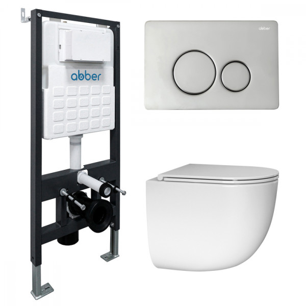 Комплект подвесной унитаз Abber Bequem AC1132TC белый, с закрытым дном с инсталляцией AC0105 и кнопкой AC0121 хром глянцевый (AC1132TC-AC0105-AC0121)