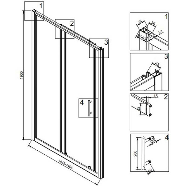 Душевая дверь Veconi VN72B 150x190 стекло прозрачное, профиль черный (VN72B-150-01-C4)