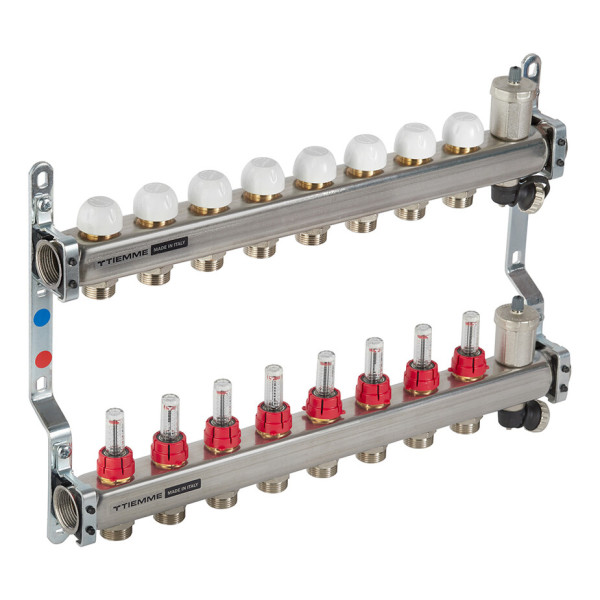 Коллекторная группа Tiemme 8 отводов 1"-3/4" НР ЕК M30х1,5 мм. с расходомерами (нерж.ст) (3920134) Коллекторная группа Tiemme 8 отводов 1"-3/4" НР ЕК M30х1,5 мм. с расходомерами (нерж.ст) (3920134)