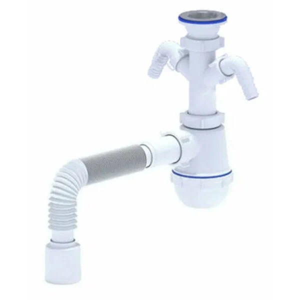 Сифон 40 мм. бутылочный АНИ "Грот" с выпуском 1 1/2"*70 мм., 2-мя отводами для стир.машины и с гибкой трубой 40*40/50 АНИ пласт (A1115)