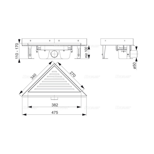 Лоток душевой AlcaPlast / AlcaDrain 340х340х475 угловой с порогами для перфорированной решетки (ARZ1)