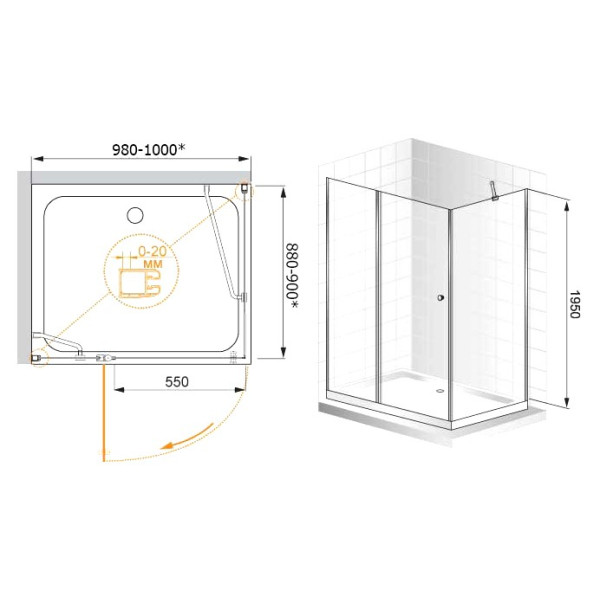 Душевой уголок Cezares Elena 1000х900х1950 стекло прозрачное (ELENA-AH-1-100/90-C-Cr)