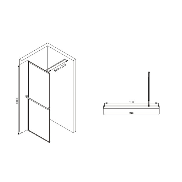 Душевая перегородка Abber Immer Offen 1200*2000 стекло прозрачное, профиль черный (AG60120B)