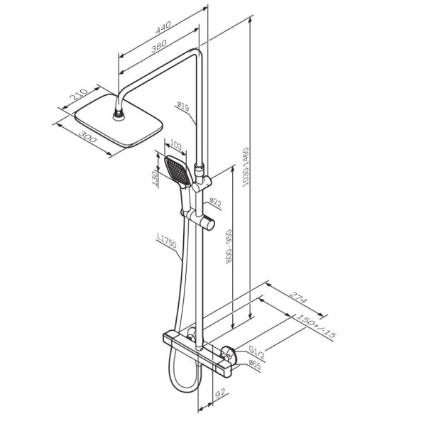 Душевая система AM.PM Func см-ль с ТМС, душ.штанга, верхн. душ квадр., ручн.душ, черный (F078F422)