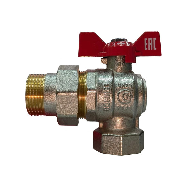 Кран угловой 1" шаровый со сгоном Rommer (ГОСТ, красная бабочка) RBV-0006-2610225 Кран угловой 1" шаровый со сгоном Rommer (ГОСТ, красная бабочка) RBV-0006-2610225