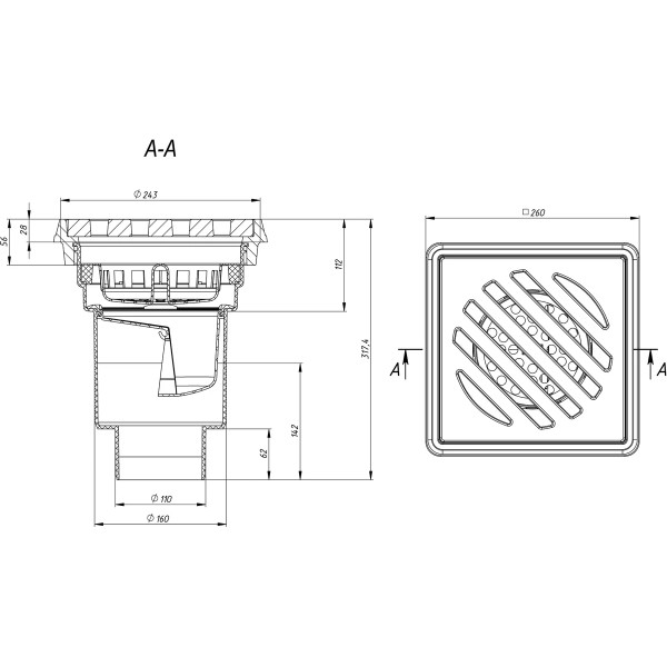 Трап нерегулируемый Fachmann Т 606 PNsG 260x260 вертикальный выпуск DN 110/160 с корзинкой и незамерзающим гидрозатвором, решетка чугунная, чугунный п