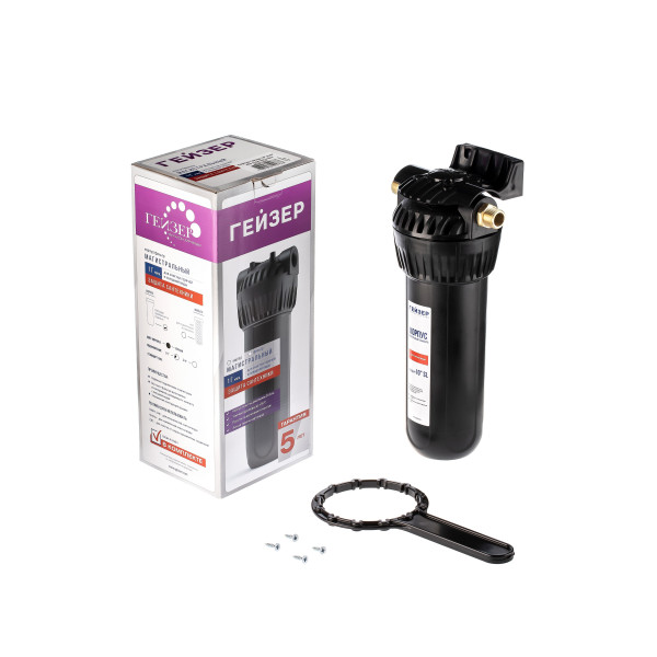 Фильтр колбовый Гейзер 1/2" 10SL  с латунными ниппелями (черный, для горячей воды) (50541)