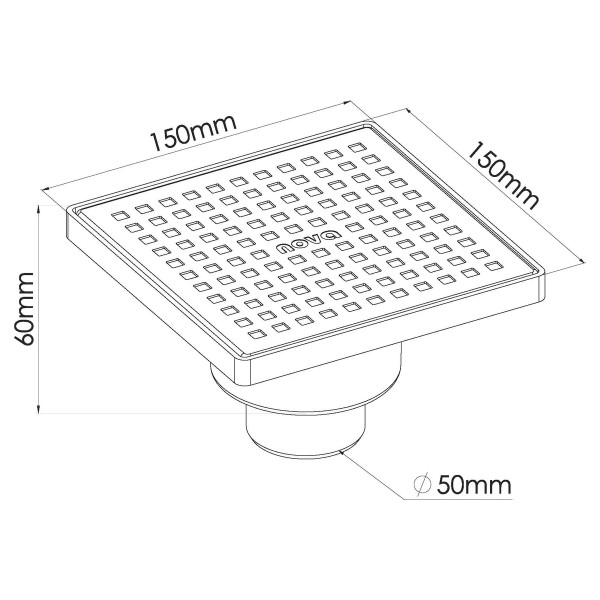 Трап вертикальный 50 мм. (150х150) Nova с решеткой из нерж.стали (сухой затвор) (5036)