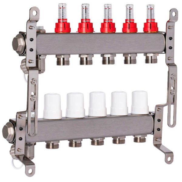 Коллекторная группа 5 отводов 1"*3/4"(18) ЕК с расходомерами Okseler (нерж.ст) с дренажным краном и краном Маевского (Oks00315)