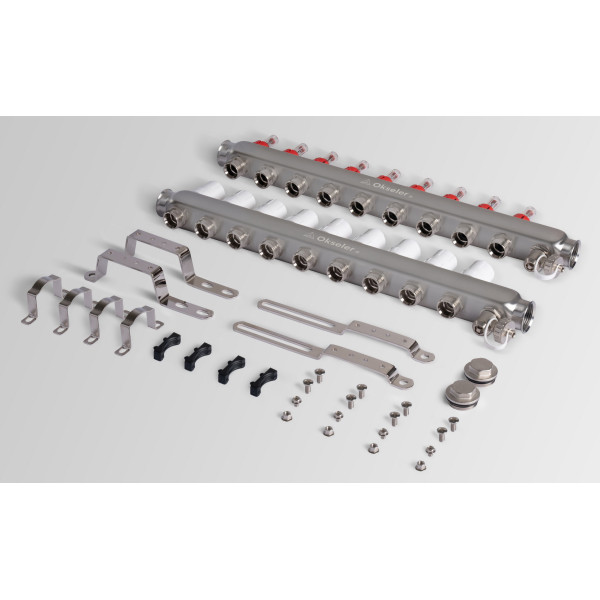 Коллекторная группа 9 отводов 1"*3/4"(18) ЕК с расходомерами Okseler (нерж.ст) с дренажным краном и краном Маевского (Oks00319)