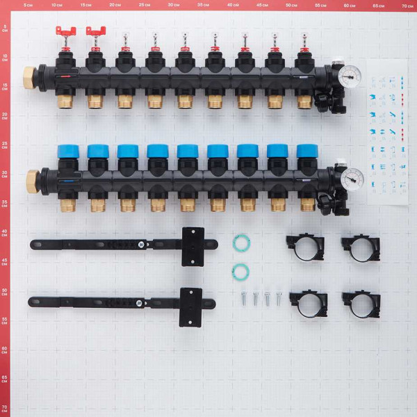 Коллекторная группа Henco 9 отводов 1"-3/4" НР ЕК M30х1,5 мм. с расходомерами и термометрами (композит) (UFH-0605MDK09-03L)