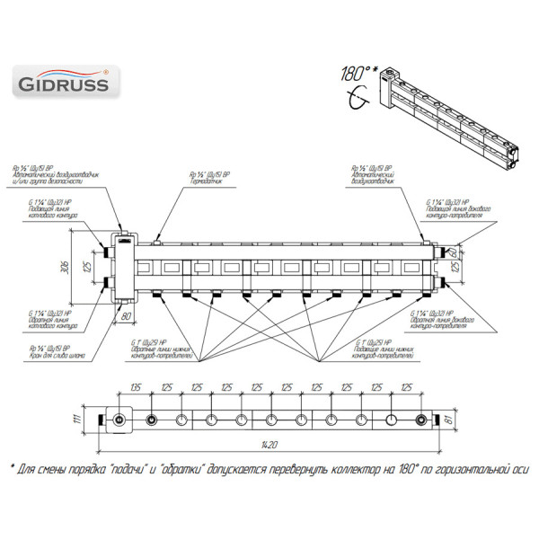 Коллектор балансировочный Gidruss BMSS-80-6D.EPP (до 80 кВт, подкл. котла G 1 1/4", 5 контуров G 1", боковой контур G 1 1/4", 4D-кронштейны K.UMS, EPP