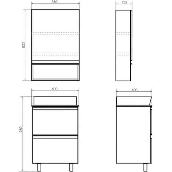 Тумба подвесная с раковиной Comforty Эдинбург 600x400x950 дуб светлый/черный (00-00004763)
