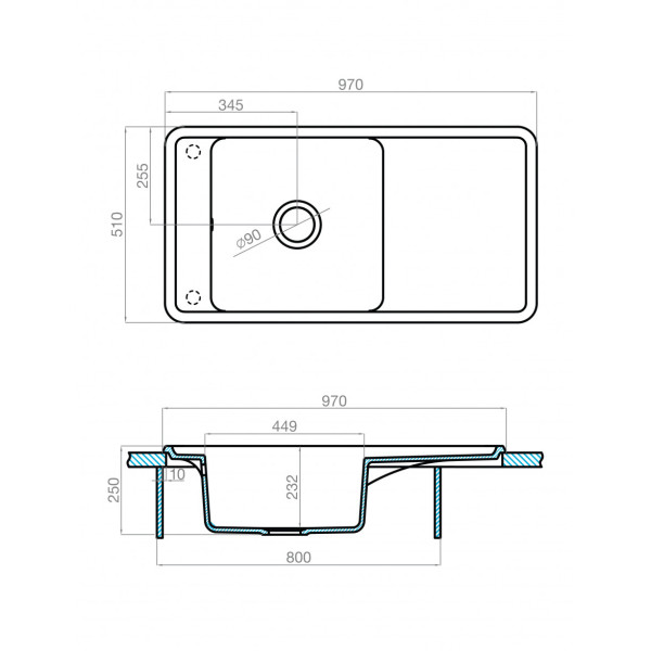 Мойка для кухни врезная Aquaton Беллис 510x970x250 серый шелк (1.A725.1.32B.S25.0)