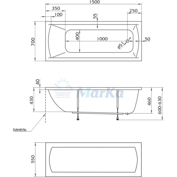 Ванна акриловая Marka One Modern 150х70 без гидромассажа