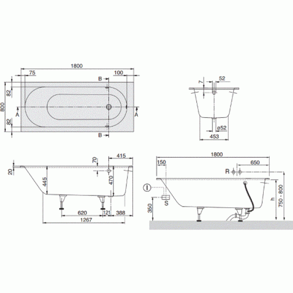 Ванна квариловая Villeroy & Boch Oberon 180х80 alpin (UBQ180OBE2V-01)