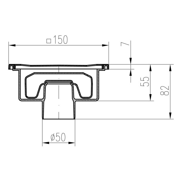 Трап MCH для пола с нижним сливом DN50/55 решетка нерж. сталь 150x150 нептун