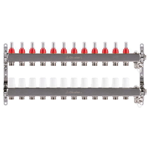 Коллекторная группа 12 отводов 1"*3/4"(18) ЕК с расходомерами Okseler (нерж.ст) с дренажным краном и краном Маевского (Oks00322)