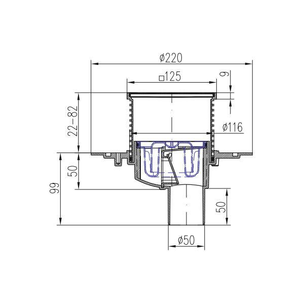 Трап MCH с нижним сливом универсальный DN50 решетка нерж. LABYRINTH 122х122 (г/з+с/з) черный