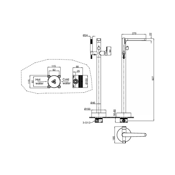 Смеситель напольный Boheme Spectre графит с душевым комплектом (459-GM)