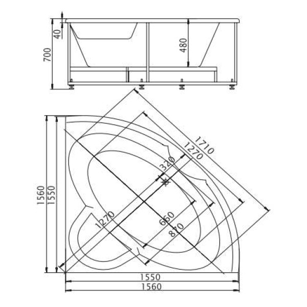 Ванна акриловая Акватек Поларис 2 155х155 на каркасе, с фронтальным экраном, слив-перелив Ванна акриловая Акватек Поларис 2 155х155 на каркасе, с фронтальным экраном, слив-перелив