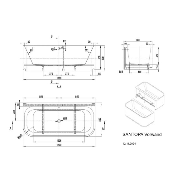 Ванна акриловая VAGNERPLAST Сантопа/Santopa 170x80x60 белая (VPBV178STP9X-96)