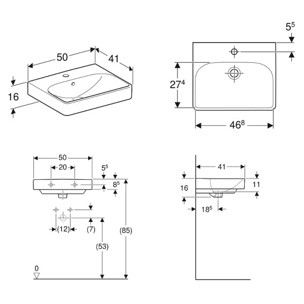 Раковина подвесная Geberit Smyle 50х41 с отверстием под смеситель, с отверстием перелива, белая (500.256.01.1)