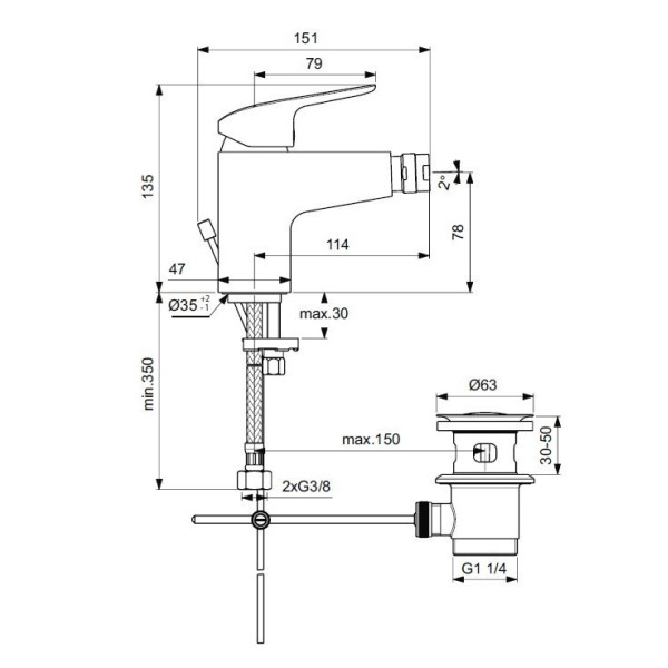 Смеситель для биде Ideal Standard Ceraflex с донным клапаном, хром (B1718AA)