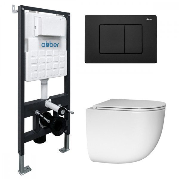 Комплект подвесной унитаз Abber Bequem AC1132TC белый, с закрытым дном с инсталляцией AC0105 и кнопкой AC0120MB черный матовый (AC1132TC-AC0105-AC0120