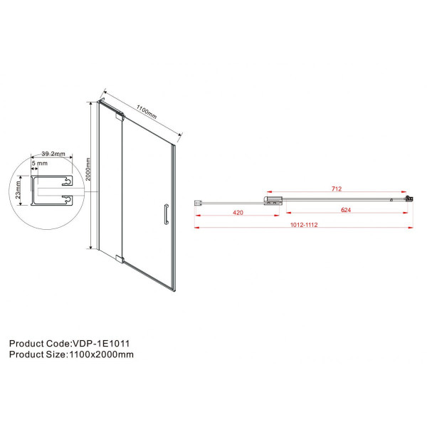 Душевая дверь Vincea Extra VDP-1E 1000/1100х2000 стекло тонированное, профиль черный (VDP-1E1011CGB)