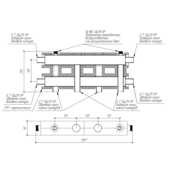 Коллектор модульный Gidruss MKSS-60-3D.EPP (до 60 кВт, магистраль G 1", 2+1 контура G 1", EPP-термоизоляция, 4D-кронштейны K.UMS, универсальное подклю Коллектор модульный Gidruss MKSS-60-3D.EPP (до 60 кВт, магистраль G 1", 2+1 контура G 1", EPP-термоизоляция, 4D-кронштейны K.UMS, универсальное подклю
