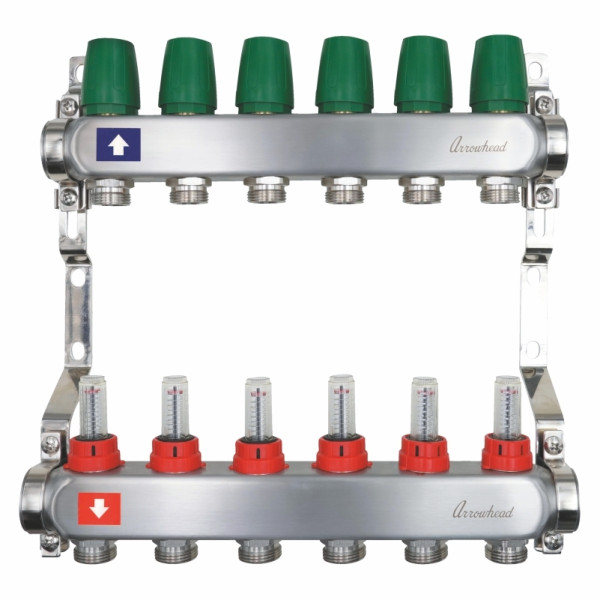 Коллекторная группа 6 отводов 1"х3/4"(евроконус) Arrowhead с расходомерами (нерж.сталь) (CS-500-06)