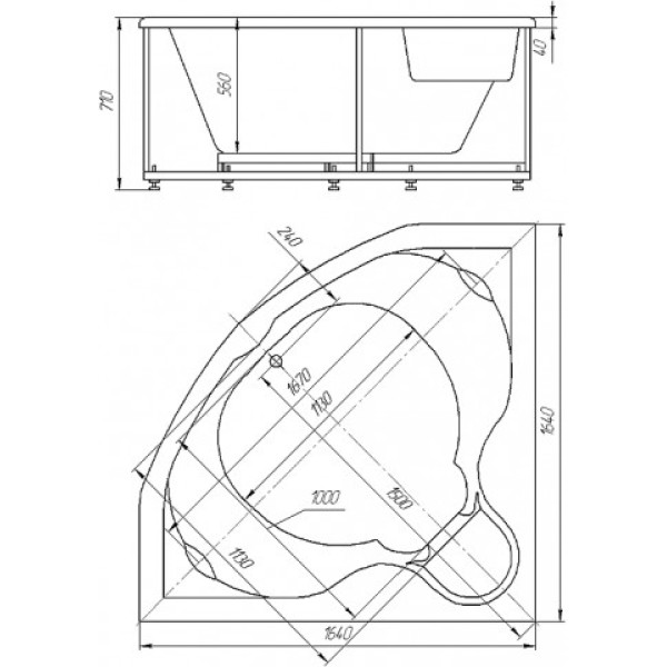 Ванна акриловая Акватек Сириус 164х164 на каркасе, с фронтальным экраном, слив-перелив