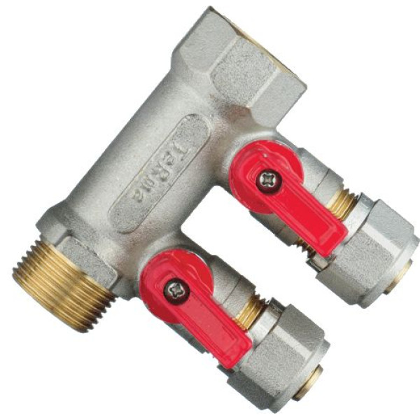 Коллектор 2 отв. с шар. клапанами 3/4*1/2"(16) TeRma (никель, с переходниками) (14001)