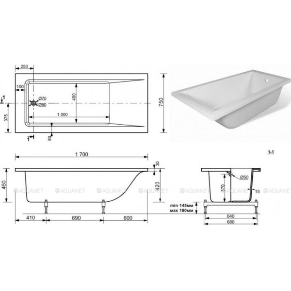 Ванна из искусственного камня Aquanet Bright Stone 170х75 белая (332882)