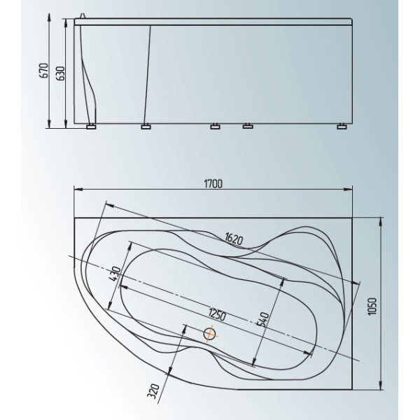 Ванна акриловая Акватек Вега 170х105 R на каркасе, с фронтальным экраном, слив-перелив