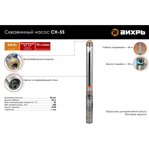 Насос скважинный Вихрь СН-55 90 мм (кабель 20 м) (68/3/9)