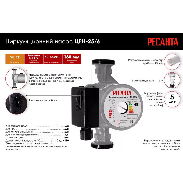 Насос циркуляционный Ресанта ЦРН-25/6 (77/7/2) Насос циркуляционный Ресанта ЦРН-25/6 (77/7/2)