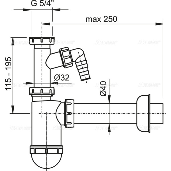 Сифон для раковины Alcaplast DN40 со штуцером и накидной гайкой 5/4" (A43P) Сифон для раковины Alcaplast DN40 со штуцером и накидной гайкой 5/4" (A43P)