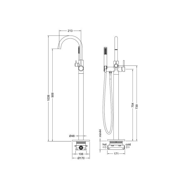 Смеситель напольный Timo Saona черный, душевая лейка, душевой шланг (2310/03Y-CR)