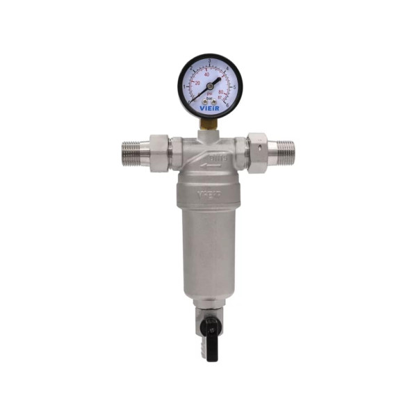 Фильтр с манометром самоочищающийся 1" со сгонами для гор. воды Vieir (никель) (JH155-N)