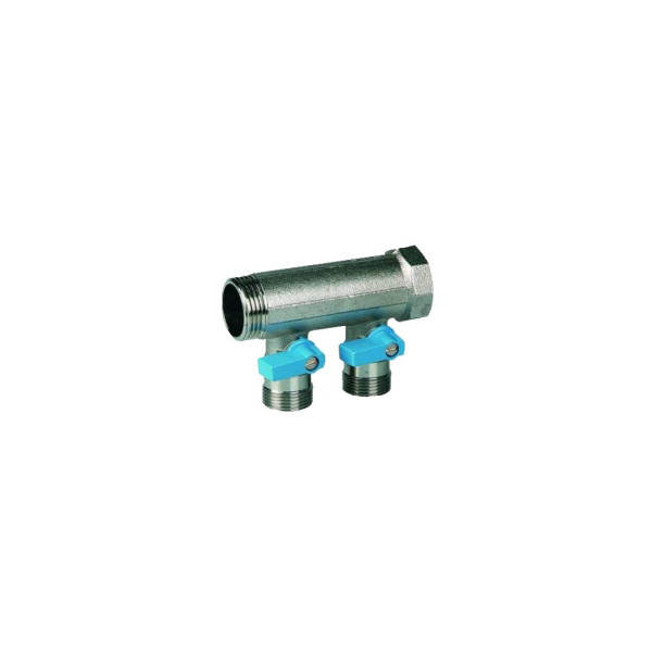 Коллектор 2 отв. с шаровыми кранами 3/4"х3/4" НР под евроконус, Henco синие ручки (VB050502-BLAUW)